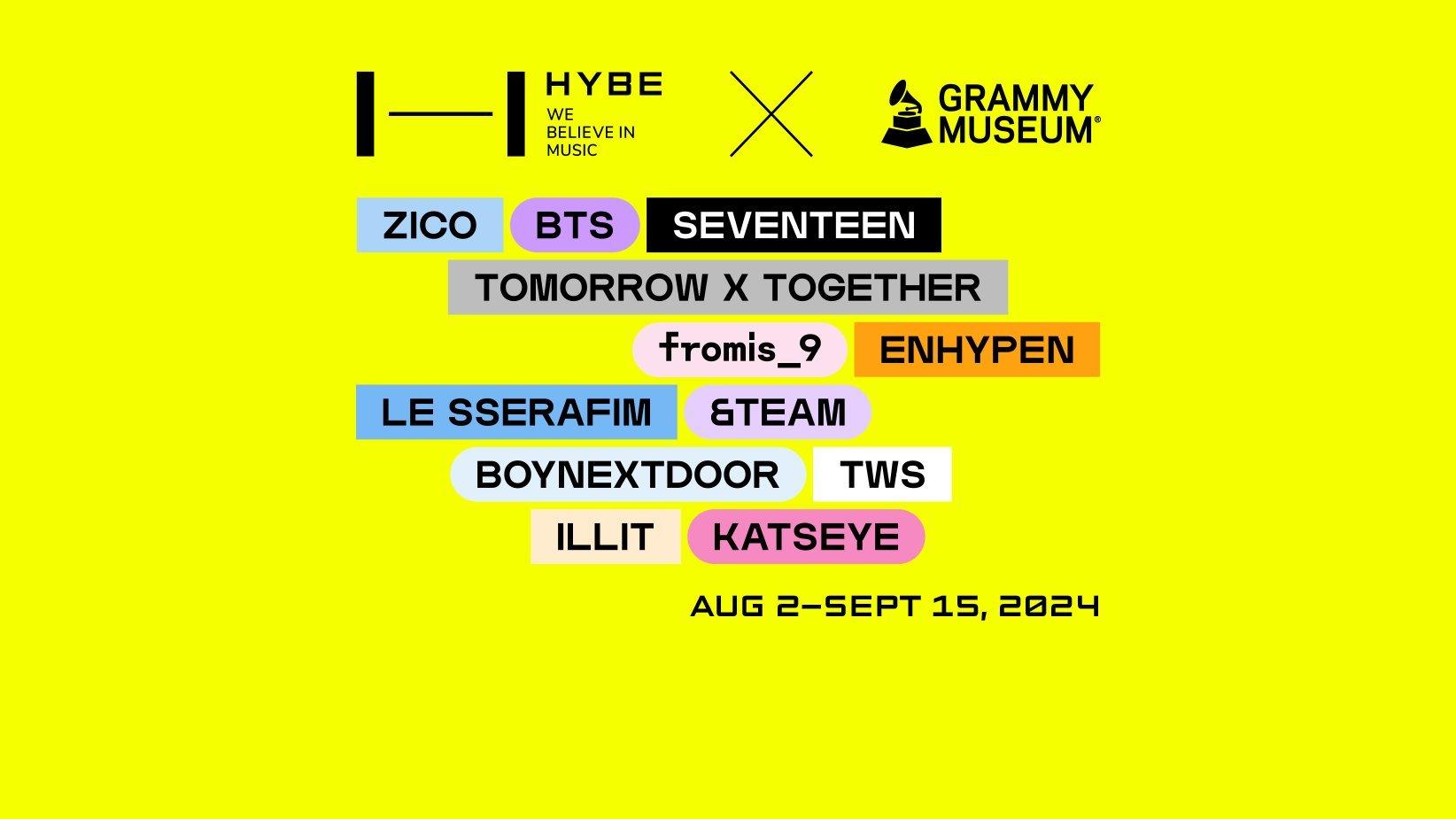 GRAMMY Museum Partners With HYBE For K-Pop Exhibit graphic featuring artist names and exhibit opening date